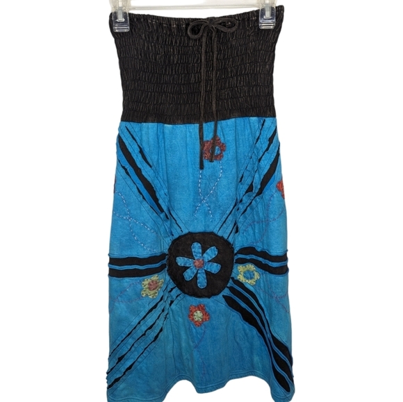 Y2K Floral Indian 100% Hippie Strapless Smocked Embroidered Textured Medium - Picture 1 of 7